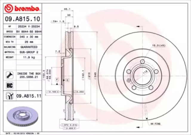 Диск гальмівний передній 09A81511 BREMBO