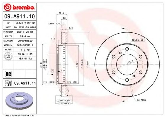 Диск переднього гальма 09A91111 BREMBO