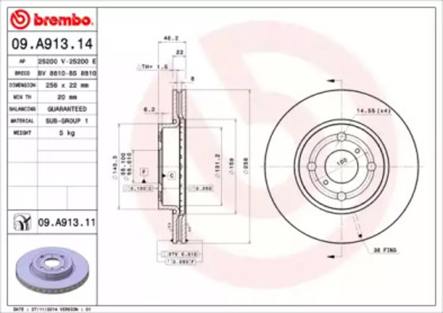 Диск гальмівний передній 09A91314 BREMBO