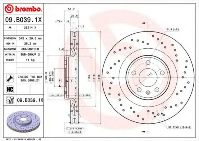 Диск гальмівний передній 09B0391X BREMBO