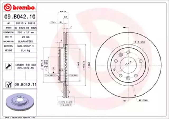 Диск гальмівний передній 09B04211 BREMBO