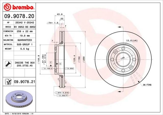 Диск гальмівний передній 09907820 BREMBO