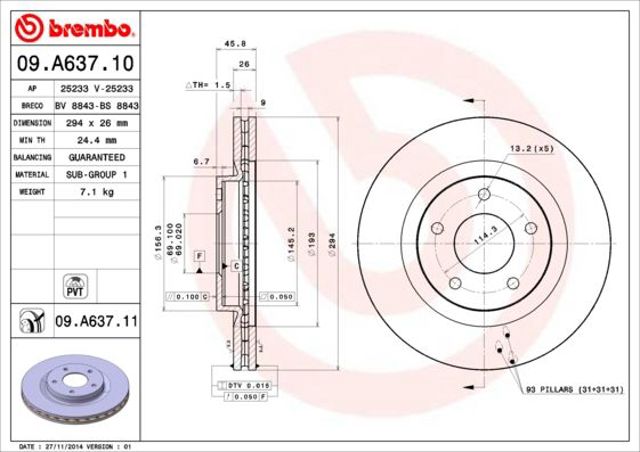 Диск гальмівний передній 09A63710 BREMBO