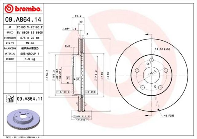 Гальмо дискове переднє 09A86414 BREMBO