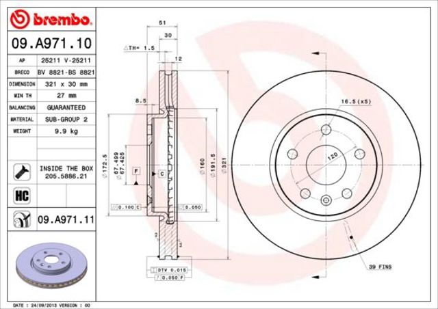 Диск гальмівний передній 09A97111 BREMBO