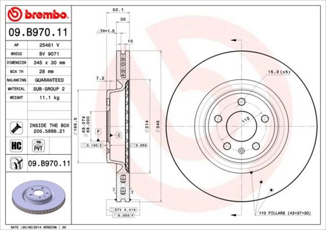 Диск переднього гальма 09B97011 BREMBO