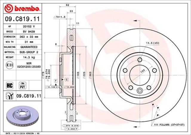 Диск переднього гальма 09C81911 BREMBO