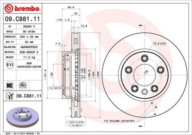 Диск переднього гальма 09C88111 BREMBO