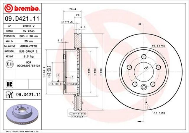 Диск гальмівний передній 09D42111 BREMBO