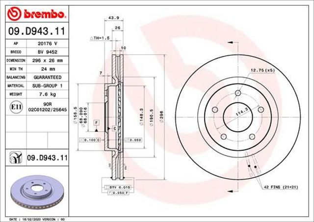 Диск гальмівний передній 09D94311 BREMBO