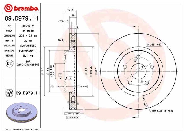 Диск гальмівний передній 09D97911 BREMBO