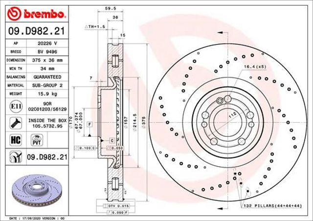 Диск гальмівний передній 09D98221 BREMBO