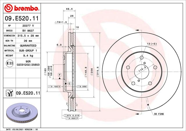 Диск гальмівний передній 09E52011 BREMBO