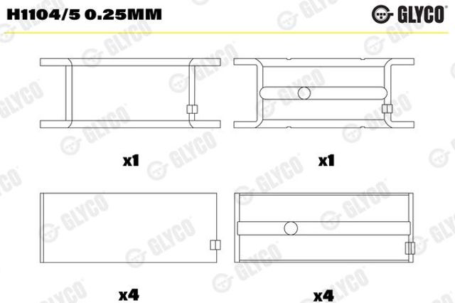 Вкладиші колінвала, корінні, комплект, 1-й ремонт (+0,25) H11045025MM GLYCO