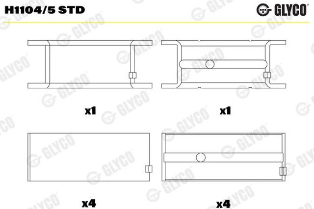 Вкладиші коленвала, корінні, комплект, стандарт (STD) H11045STD GLYCO