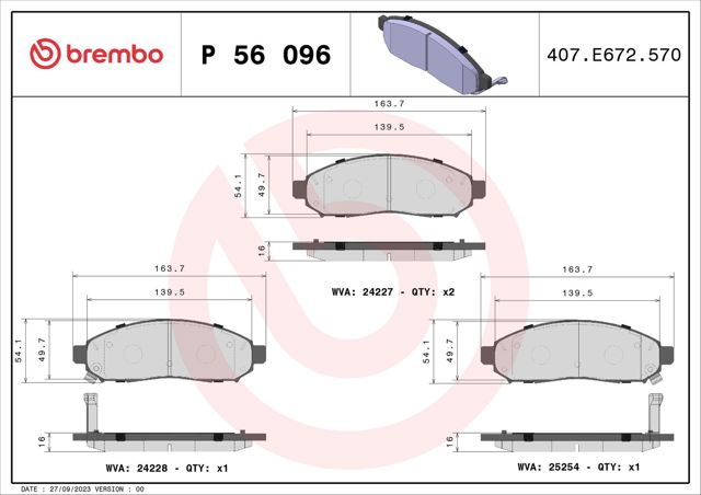 Колодки гальмівні дискові комплект P56096 BREMBO