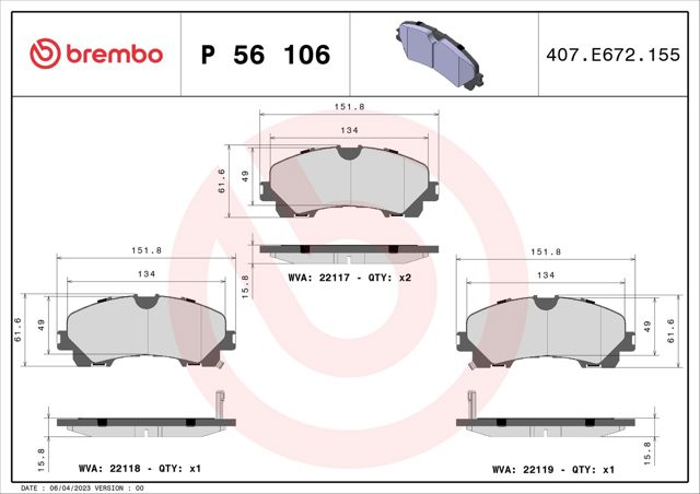 Передні гальмівні колодки P56106 BREMBO