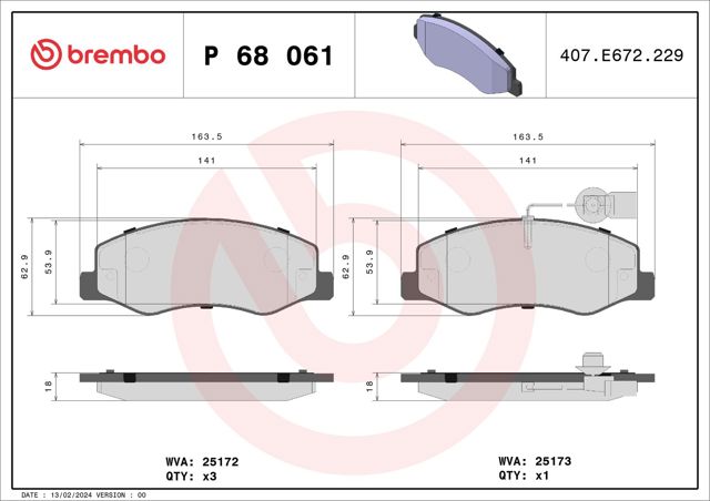 Колодки гальмівні задні, дискові P68061 BREMBO