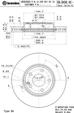 Гальмо дискове переднє 09B43641 BREMBO