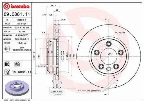 Диск переднього гальма 09C88111 BREMBO