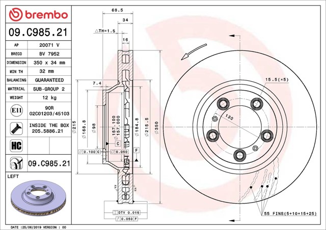 Диск переднього гальма 09C98521 BREMBO