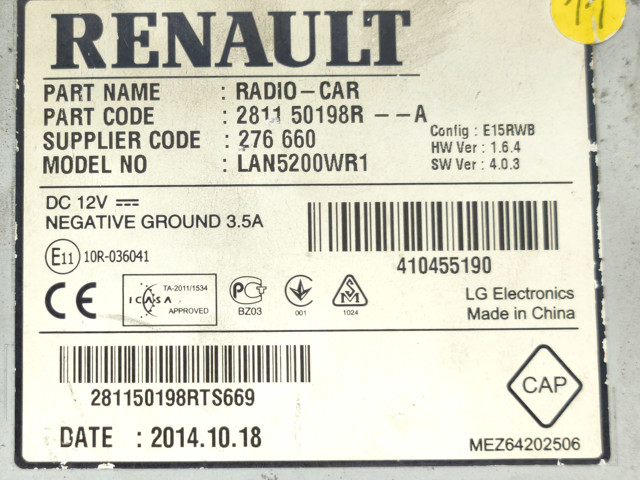 Магнітола 281150198R RENAULT