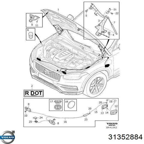 Трос відкриття капота, передній 31352884 VOLVO