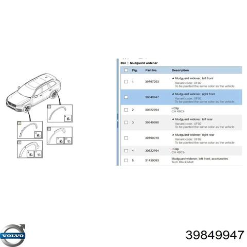 Розширювач передньої арки колеса, правий 39849947 VOLVO
