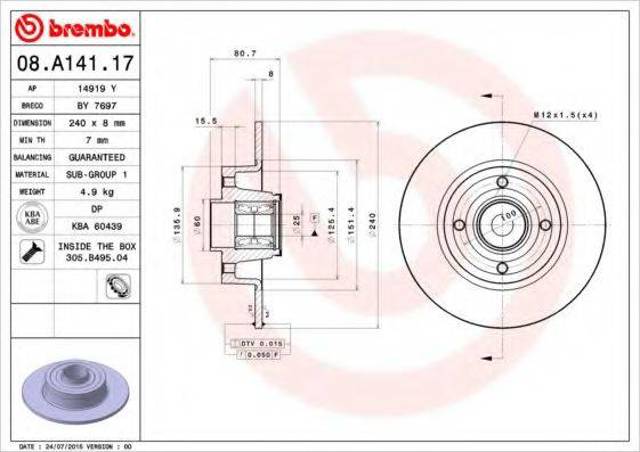 Диск гальмівний задній 08A14117 BREMBO