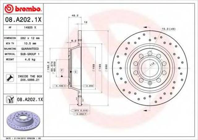 Диск заднього гальма 08A2021X BREMBO