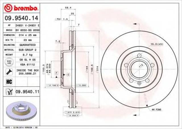 Диск гальмівний передній 09954011 BREMBO