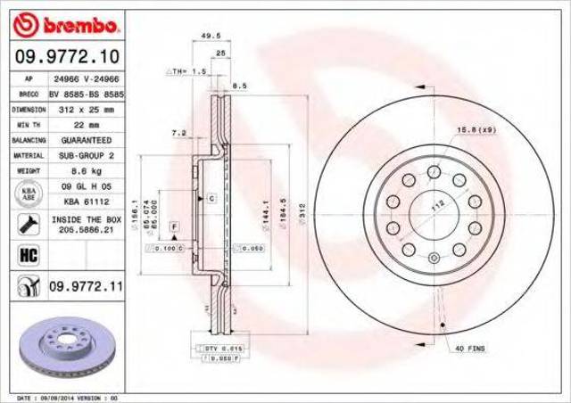 Диск гальмівний передній 09977211 BREMBO