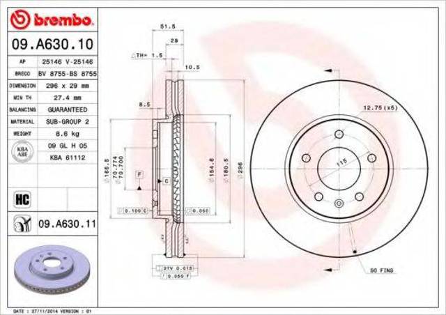 Диск переднього гальма 09A63010 BREMBO
