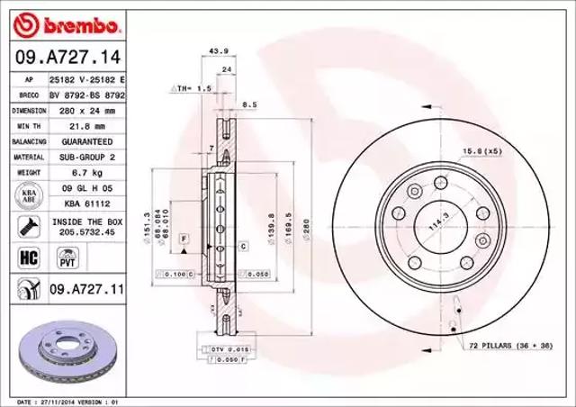 Диск переднього гальма 09A72711 BREMBO