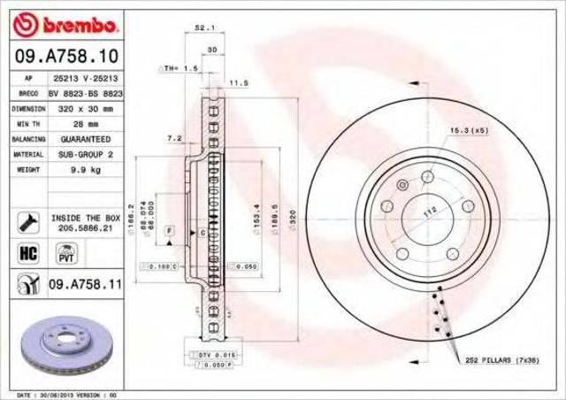Диск гальмівний передній 09A75811 BREMBO