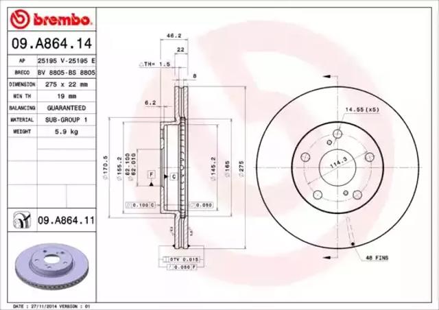 Диск гальмівний передній 09A86411 BREMBO