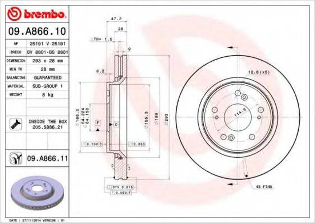 Диск гальмівний передній 09A86610 BREMBO