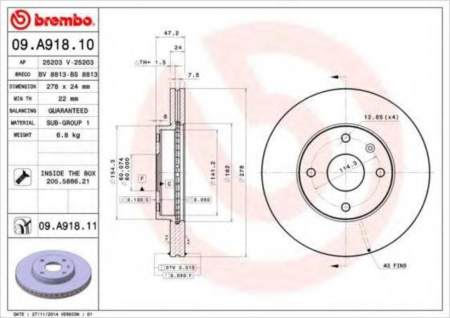 Диск переднього гальма 09A91810 BREMBO