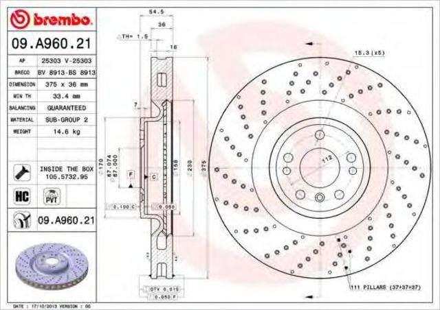Диск переднього гальма 09A96021 BREMBO
