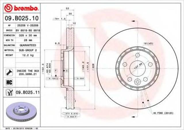 Диск гальмівний передній 09B02511 BREMBO