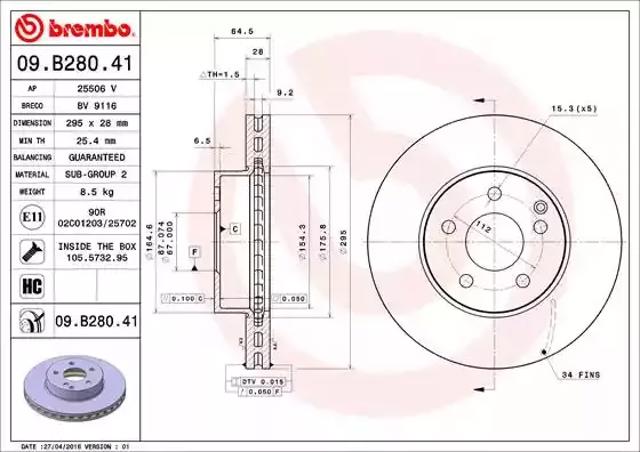 Гальмо дискове переднє 09B28041 BREMBO