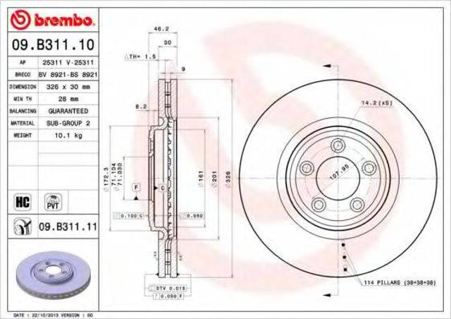 Диск гальмівний передній 09B31111 BREMBO