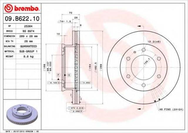 Диск переднього гальма 09B62210 BREMBO