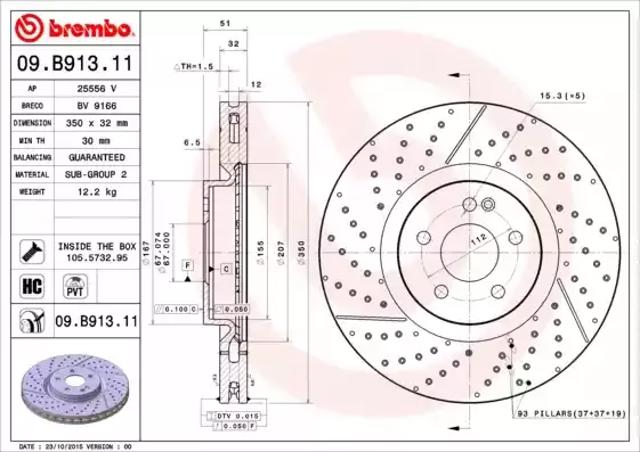 Диск гальмівний передній 09B91311 BREMBO