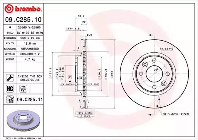Диск переднього гальма 09C28511 BREMBO