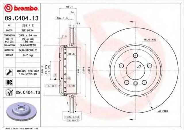 Диск заднього гальма 09C40413 BREMBO