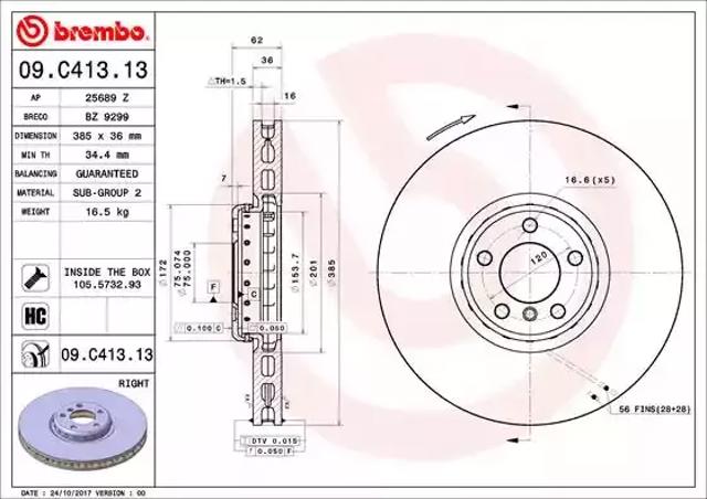 Диск переднього гальма 09C41313 BREMBO