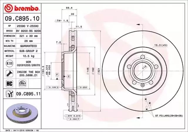 Диск гальмівний передній 09C89511 BREMBO