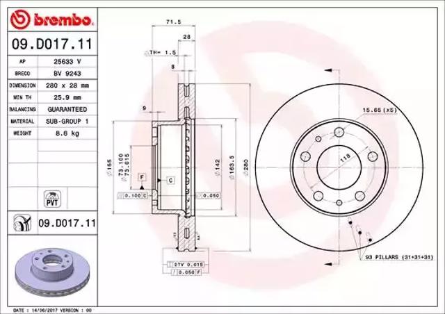 Гальмо дискове переднє 09D01711 BREMBO
