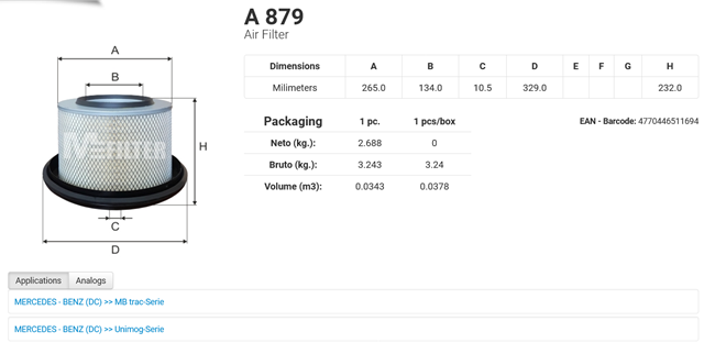 Автомобільний фільтр повітря A879 MFILTER